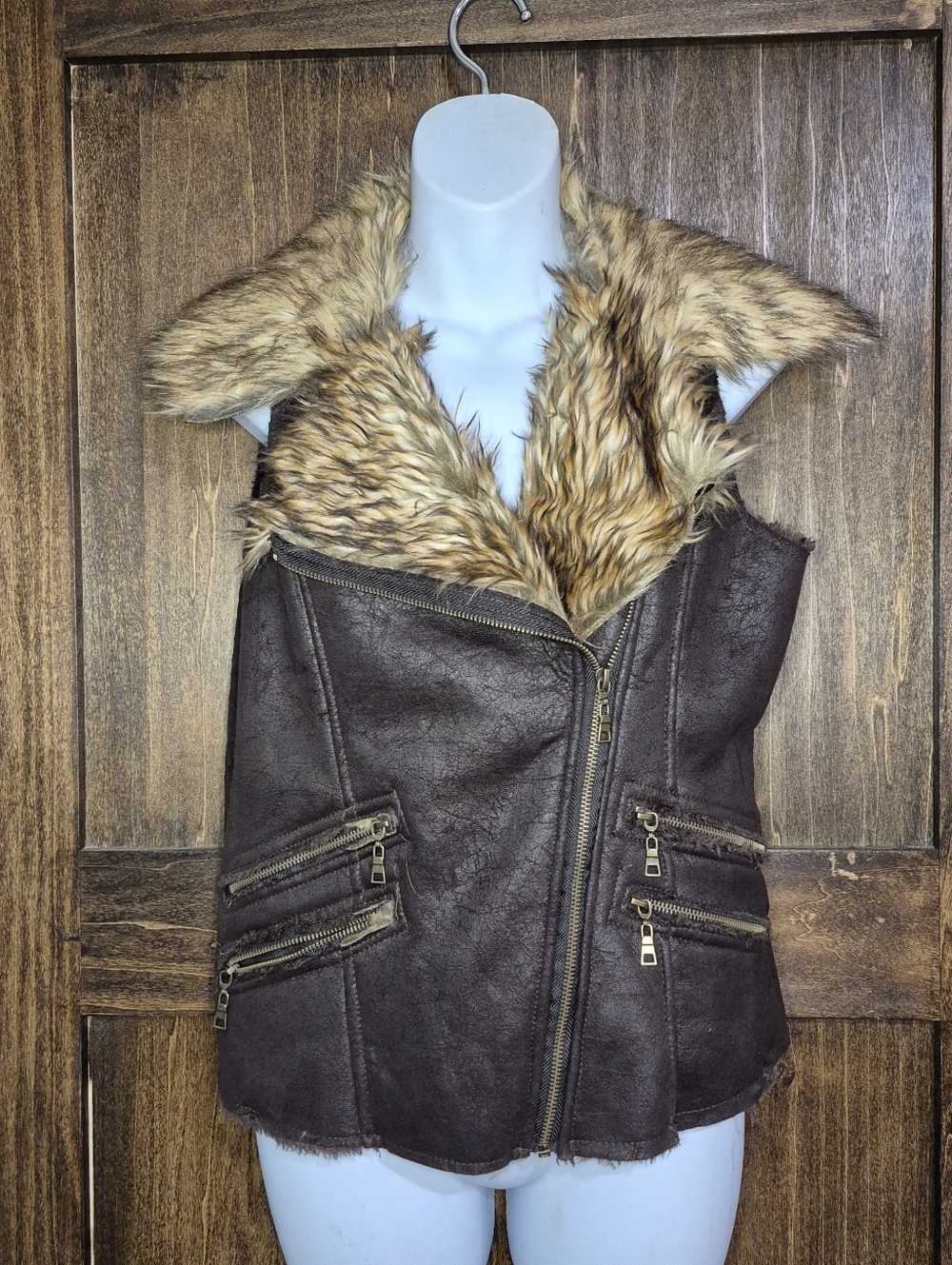 NEU Look Faux Fur Trim Brown Moto Vest